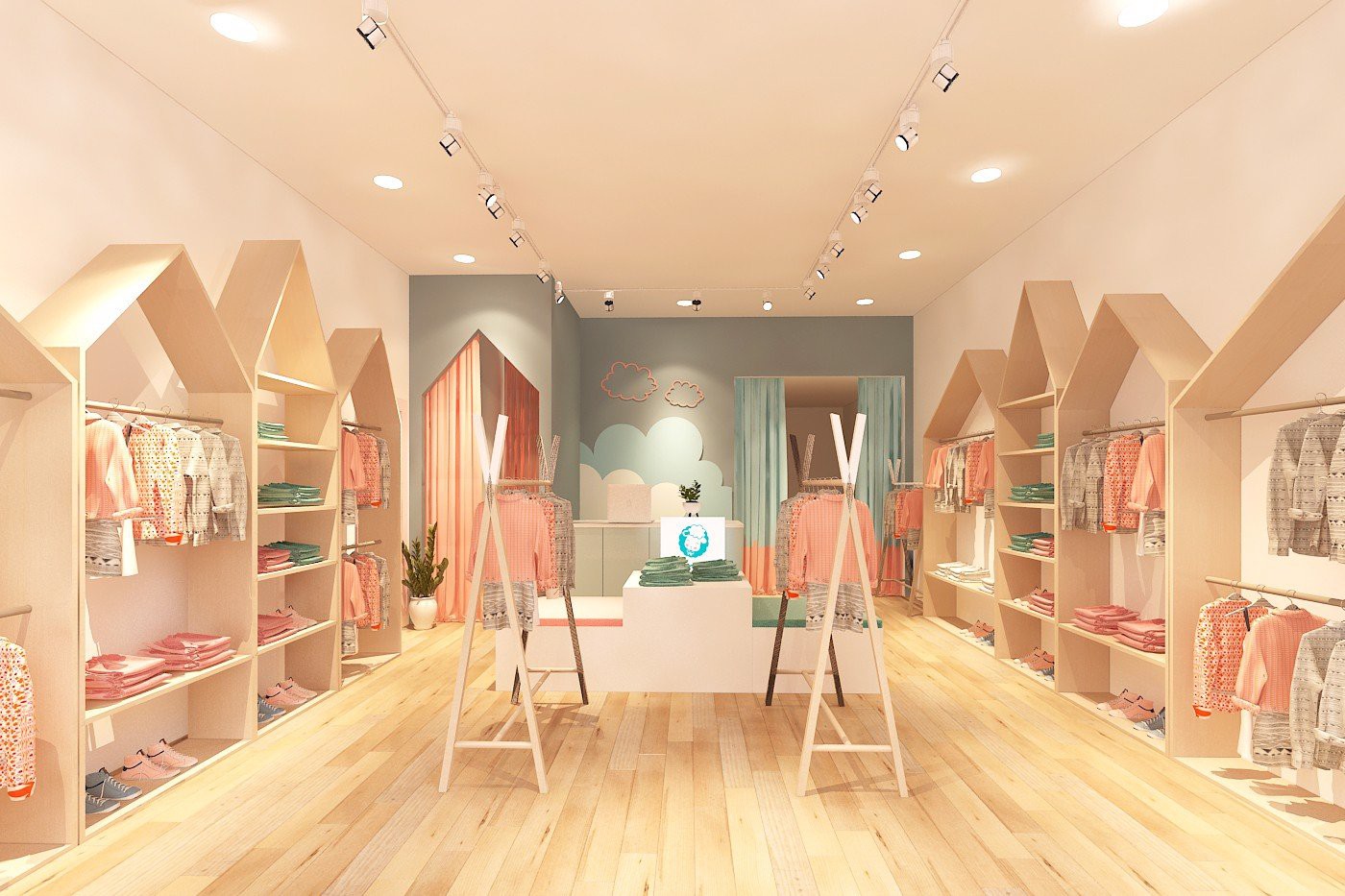Hạn chế sử dụng các vách trong thiết kế shop thời trang trẻ em ngăn để giải phóng tầm nhìn