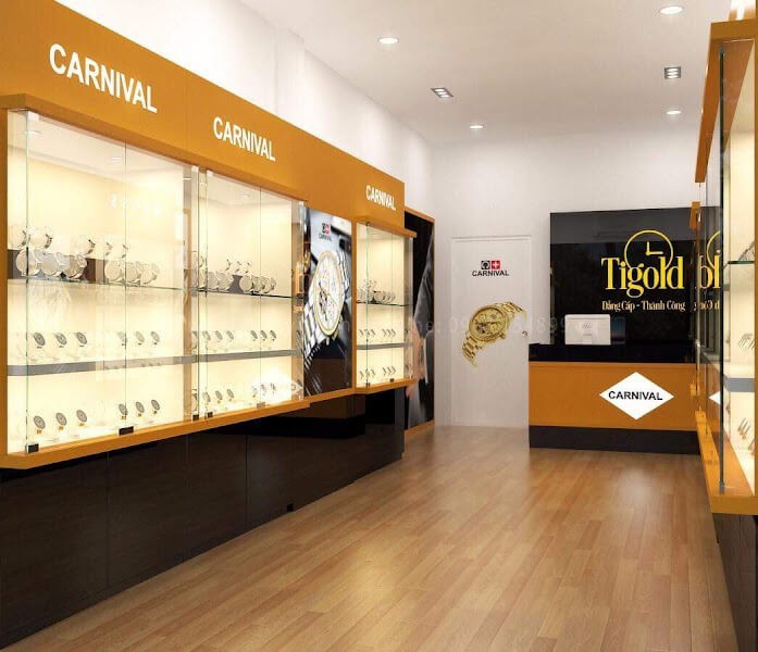 Hệ thống đèn chiếu sáng trong thiết kế shop đồng hồ Tigold